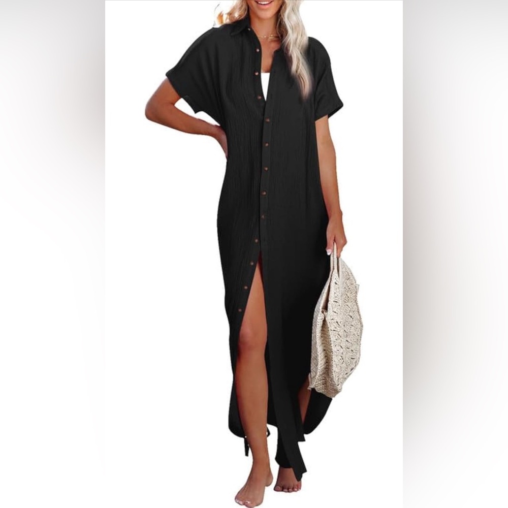 Black Button-Front Maxi Shirt Dress